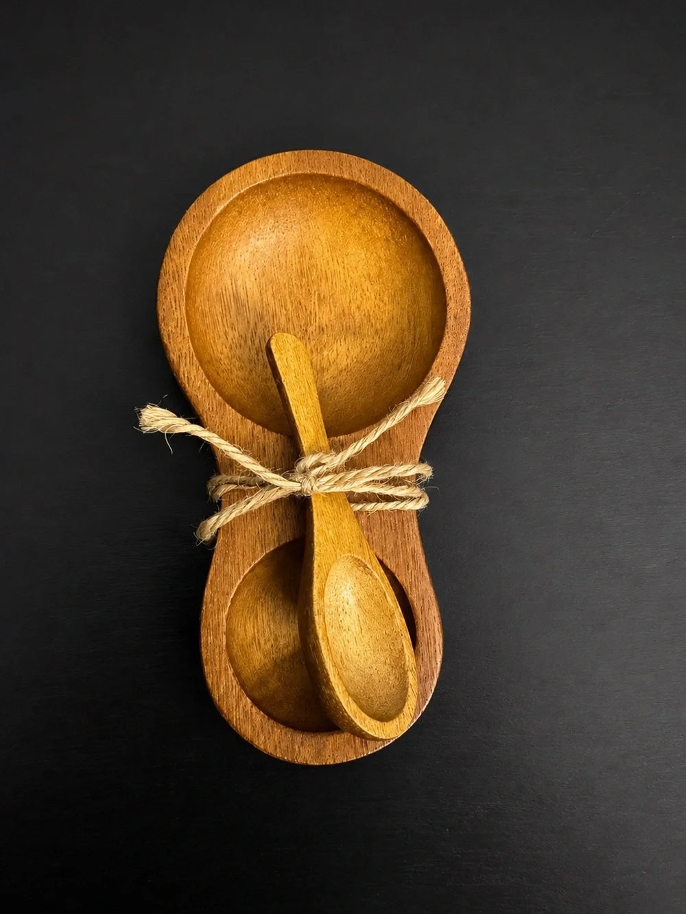 Wood Salt Pepper Cellar with Spoon Double Bowl Hand Carved Condiment Spice Dish